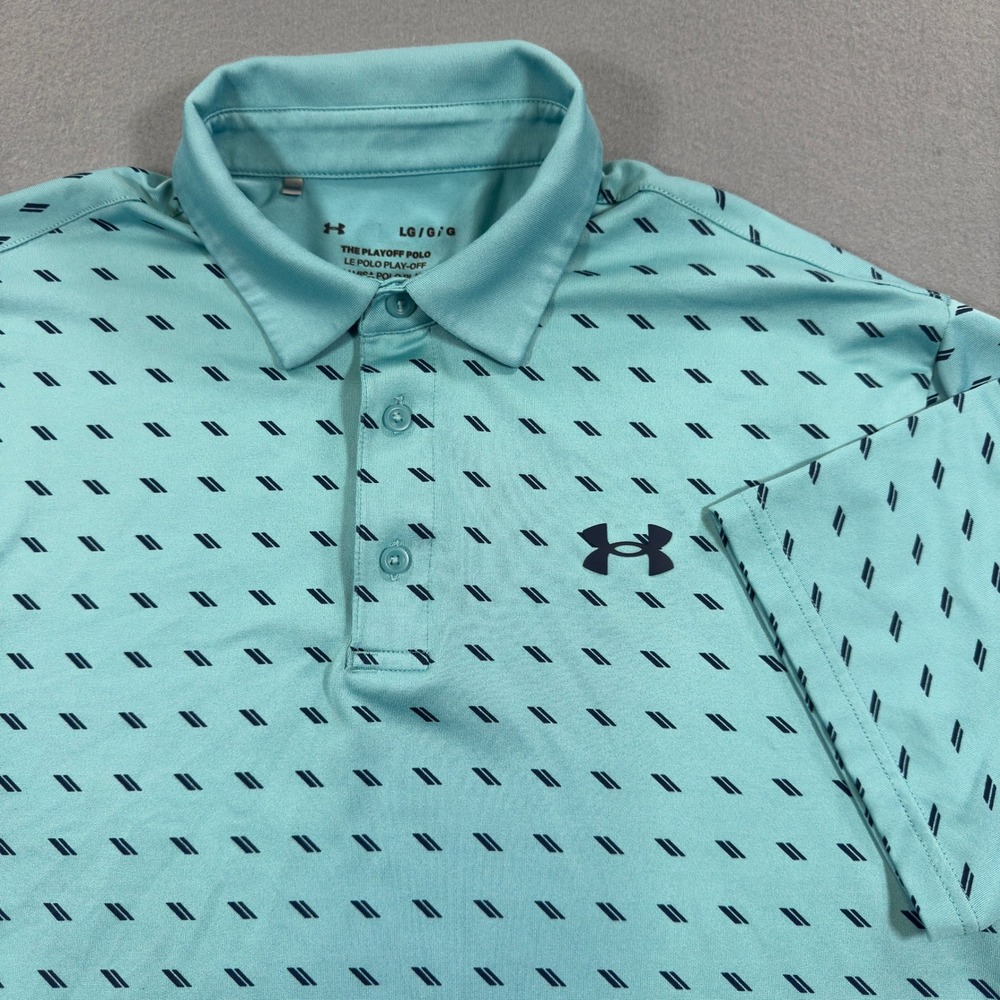 Under‎ Armour Mens Playoff Polo Shirt Large Aqua Blue Geometric HeatGear Golf